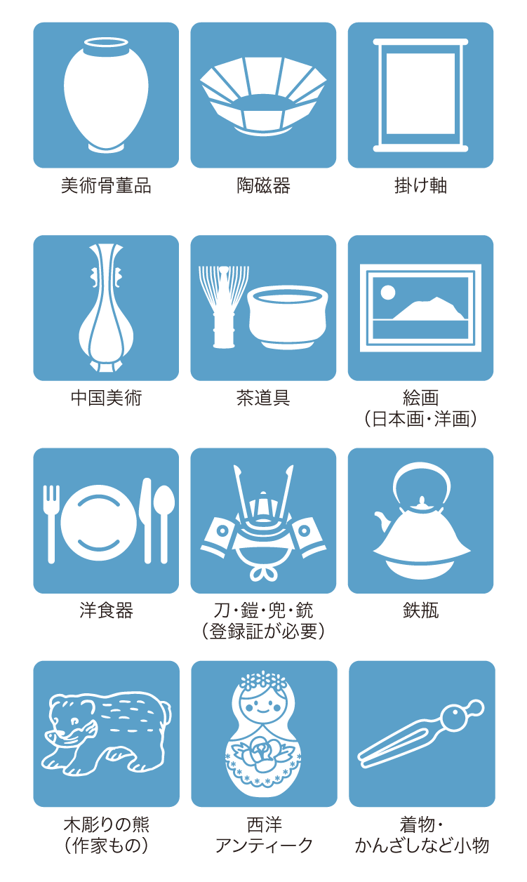 貴金属・ジュエリー、金・銀・プラチナ、ブランド財布・小物、絵画（日本画・洋画）、茶道具、中国美術、刀・鎧・兜・銃（登録証が必要）、鉄瓶、洋食器、ライター、香水、洋酒、万年筆・ボールペン、カメラ・レンズ、金券、掛け軸、陶磁器、美術骨董品、ブランド衣類、ブランドバッグ、ブランド時計、着物・かんざしなど小物、西洋アンティーク、木彫りの熊（作家もの）